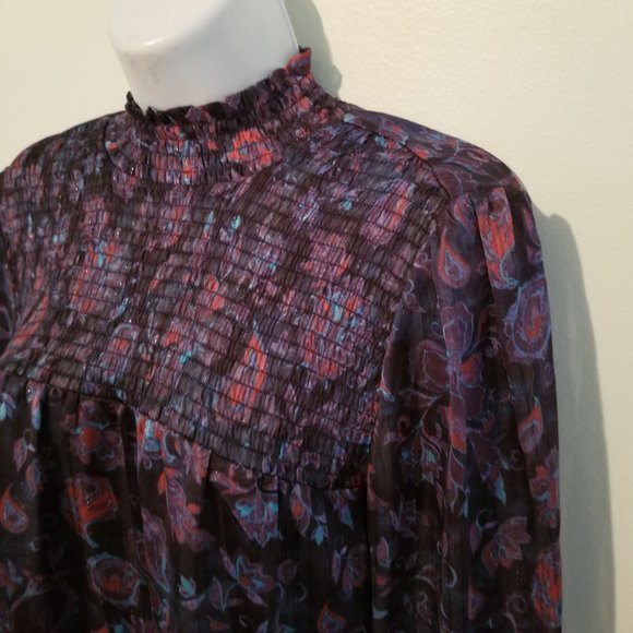 JOIE S‎ Purple Blue Floral Blouse Lightweight Top Mock High Neck Smocked - Picture 2 of 6